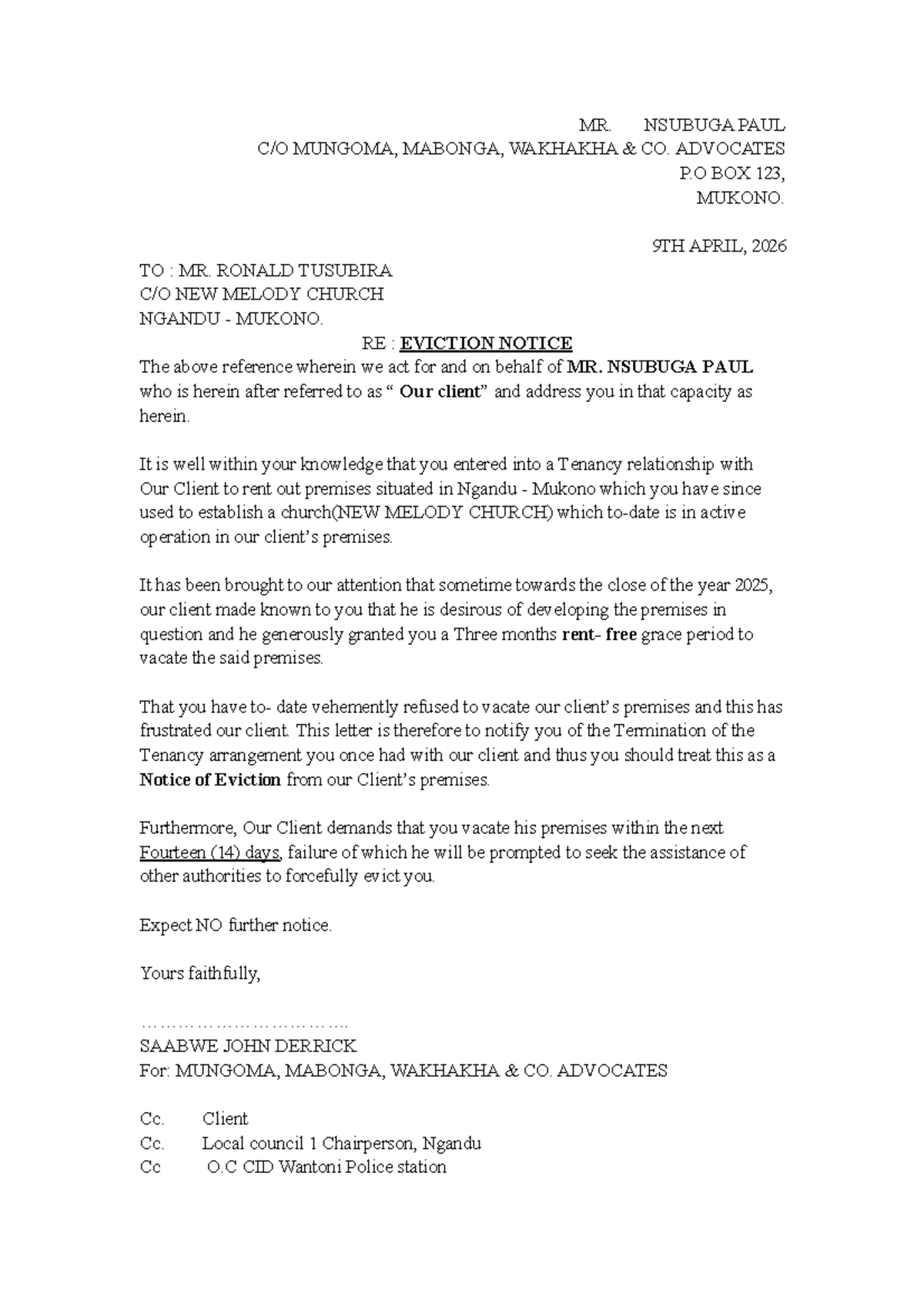 Eviction Notice - MR. NSUBUGA PAUL MUNGOMA (Class Assignment) - Studocu