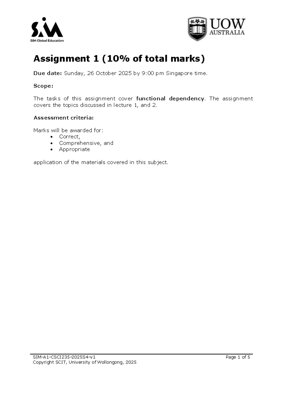 SIM A1 CSCI235 2025S4: Functional Dependency & Normalization Assignment ...