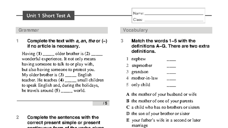 Checkpoint A2+ B1 Unit 1 Grammar Vocabulary Short Test - Studocu