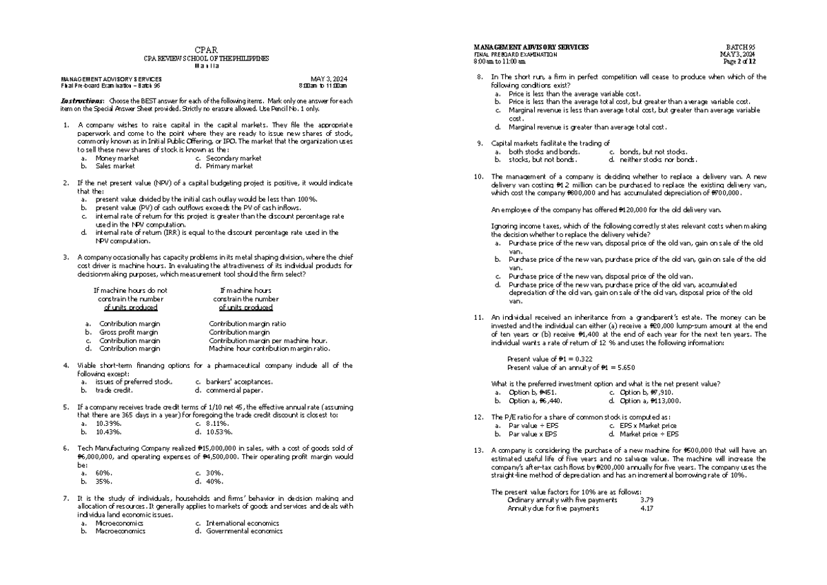 Management Advisory Services: Final Pre-board Exam - Batch 95 (CPAR ...