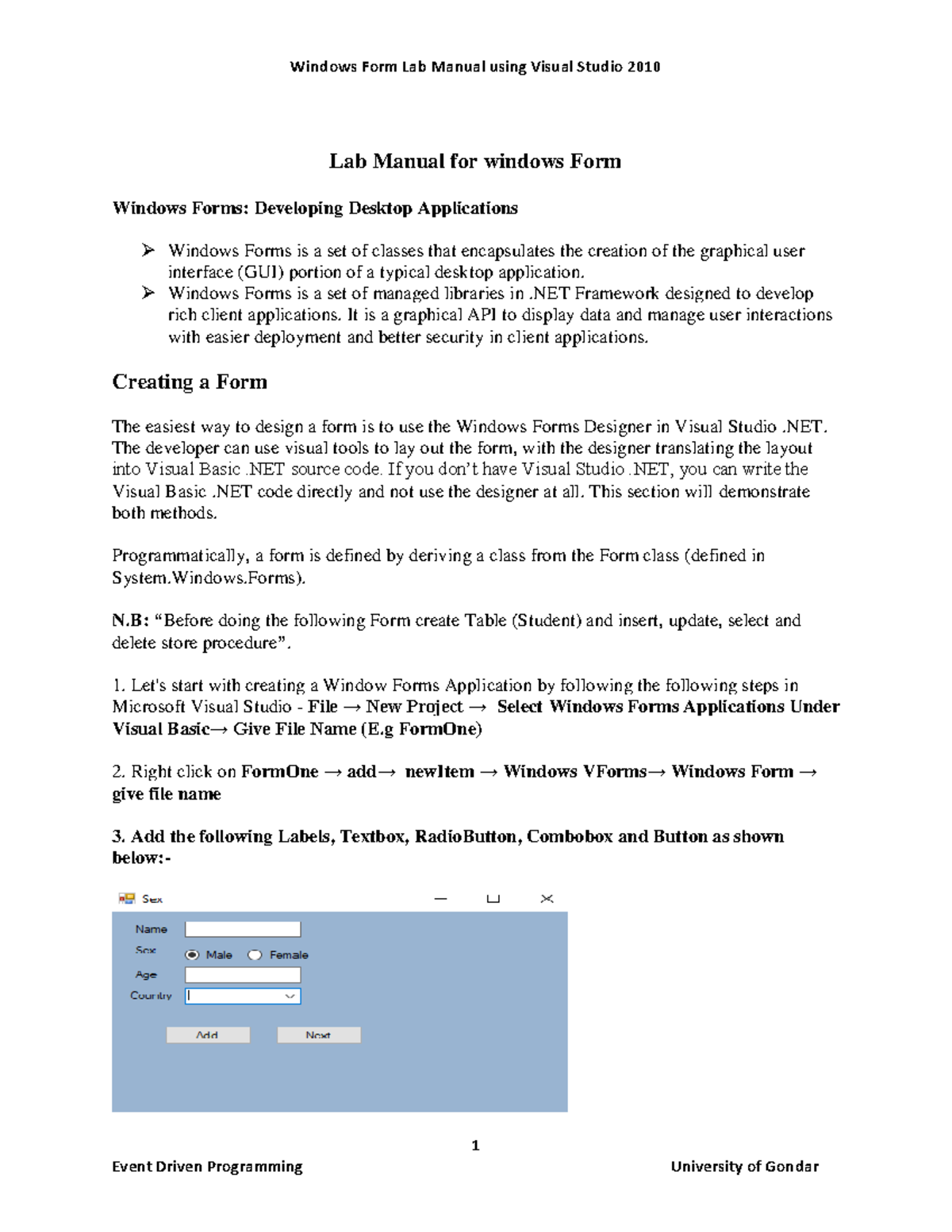 Windows Form Lab Manual (Lab 2) with Visual Studio 2010 - Studocu