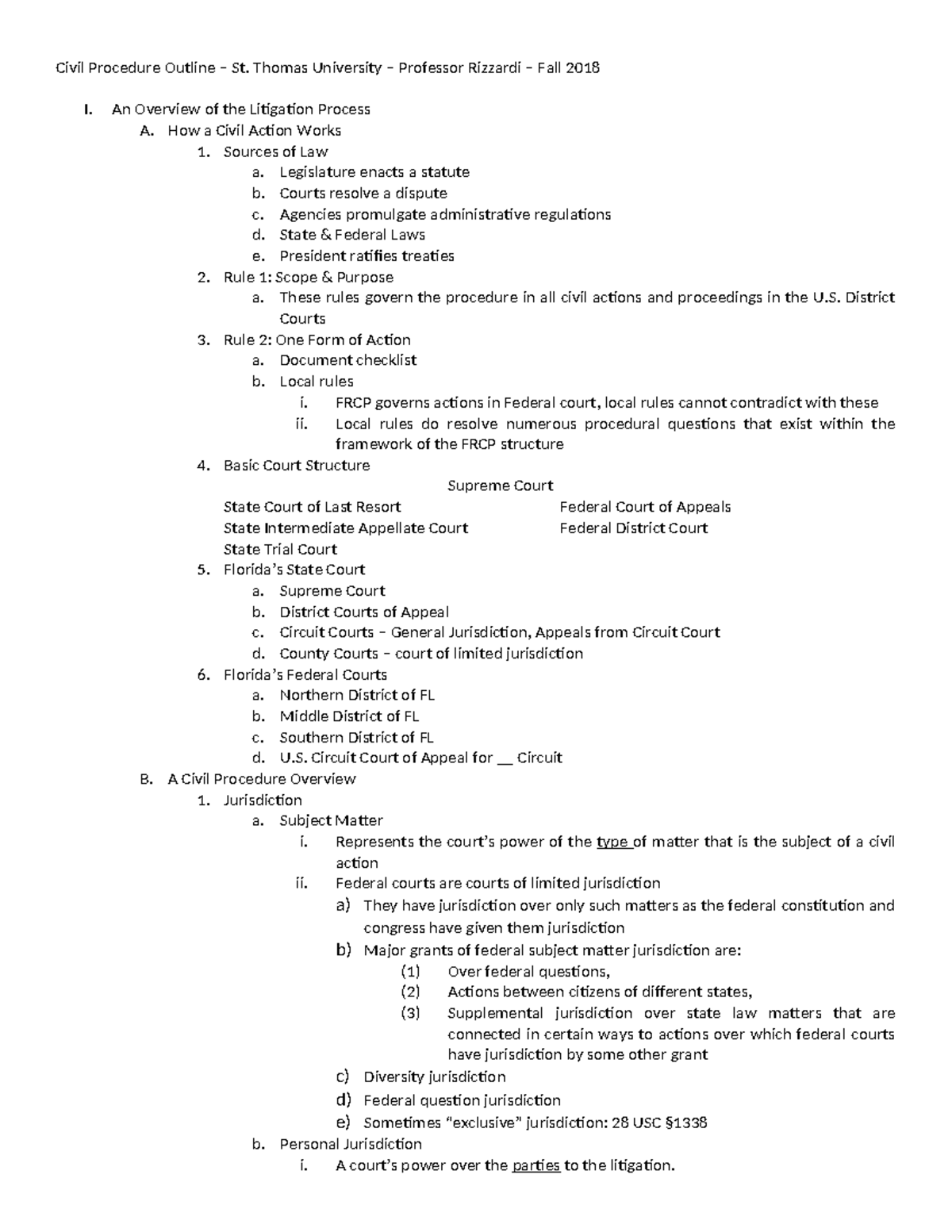 Civ Pro (LAW 101) Final Exam Outline - St. Thomas University Fall 2018 ...
