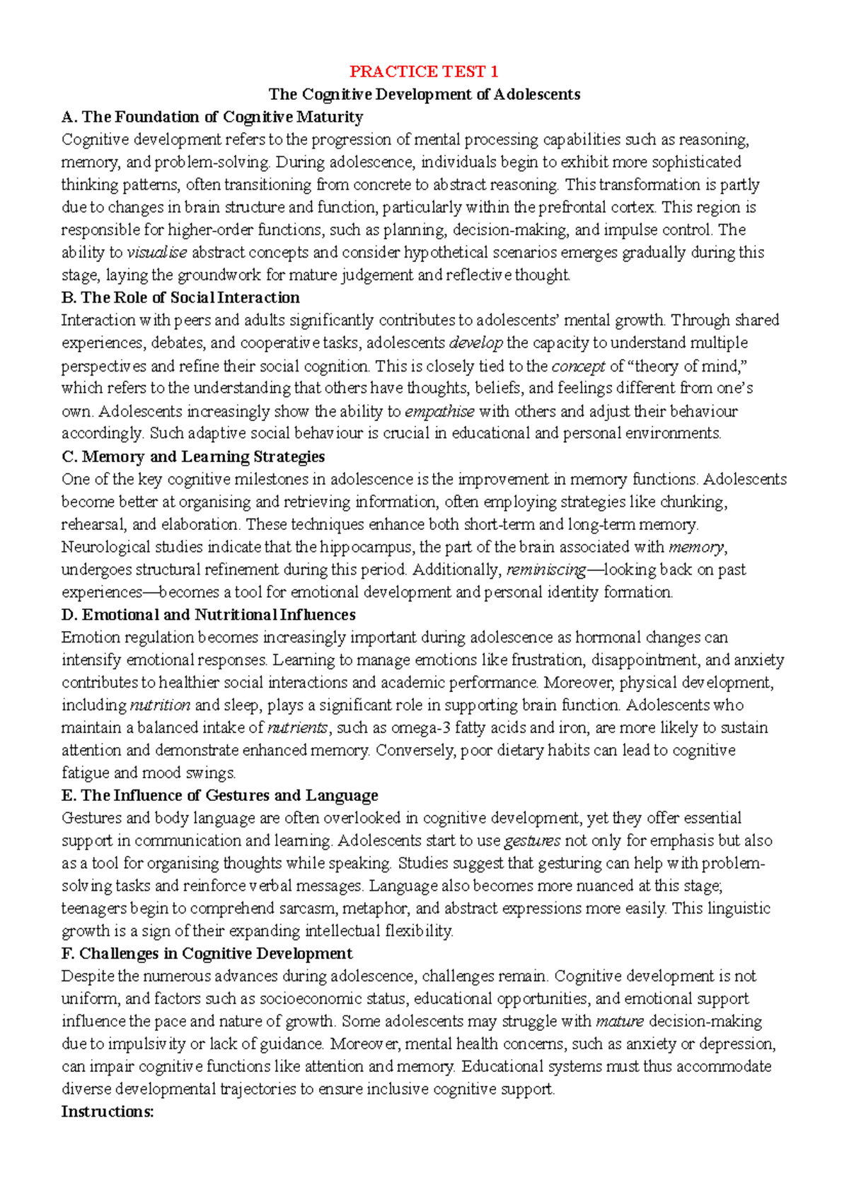 PRACTICE TEST 1: Cognitive Development of Adolescents - Key Insights ...
