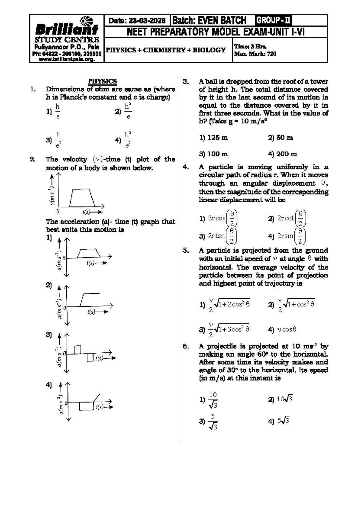 Preparatory Model Question Paper [NEET-UNIT I+II+III+IV+V+VI] - Studocu
