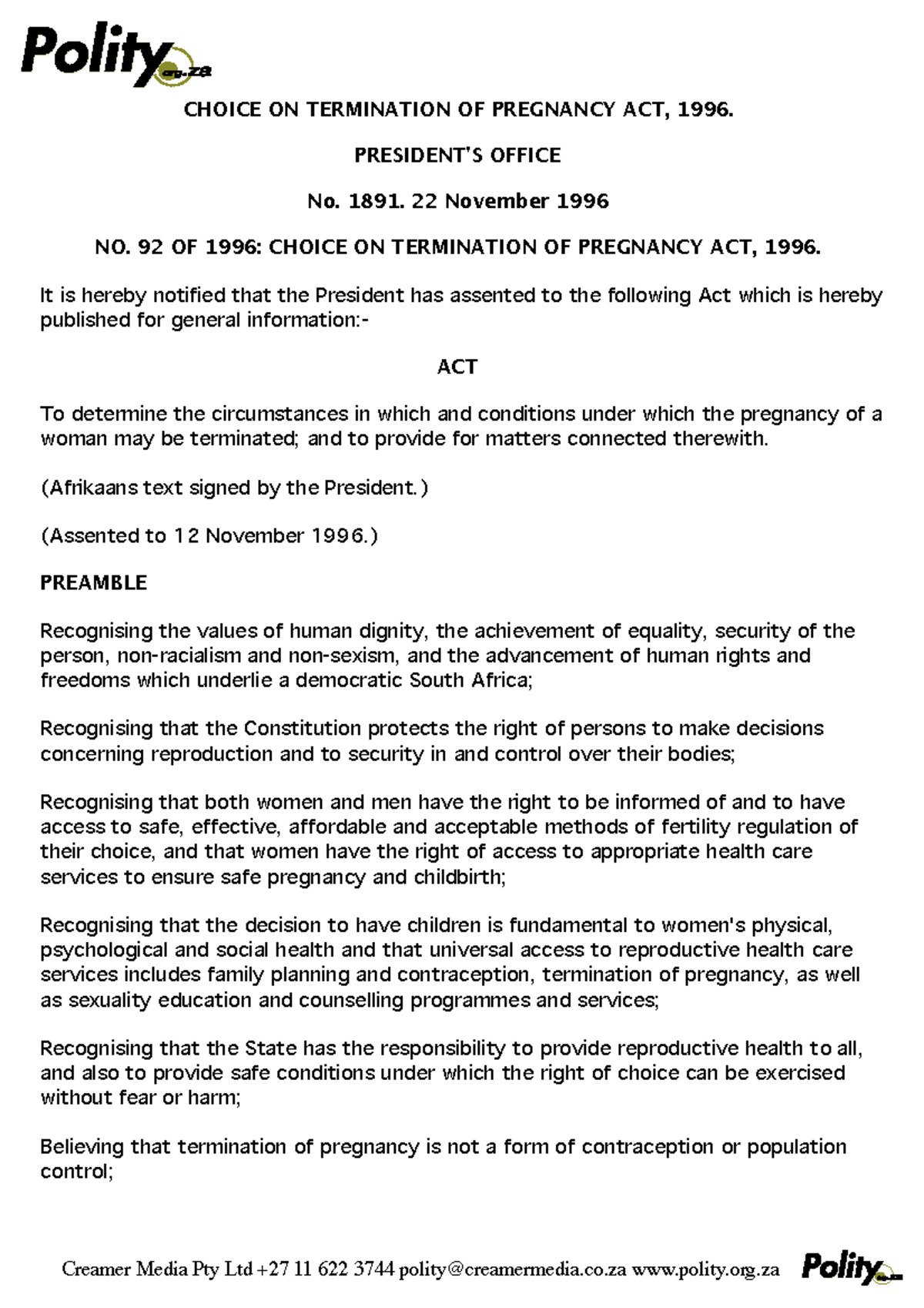 Choice on Termination of Pregnancy Act 92 of 1996: Full Text Analysis ...
