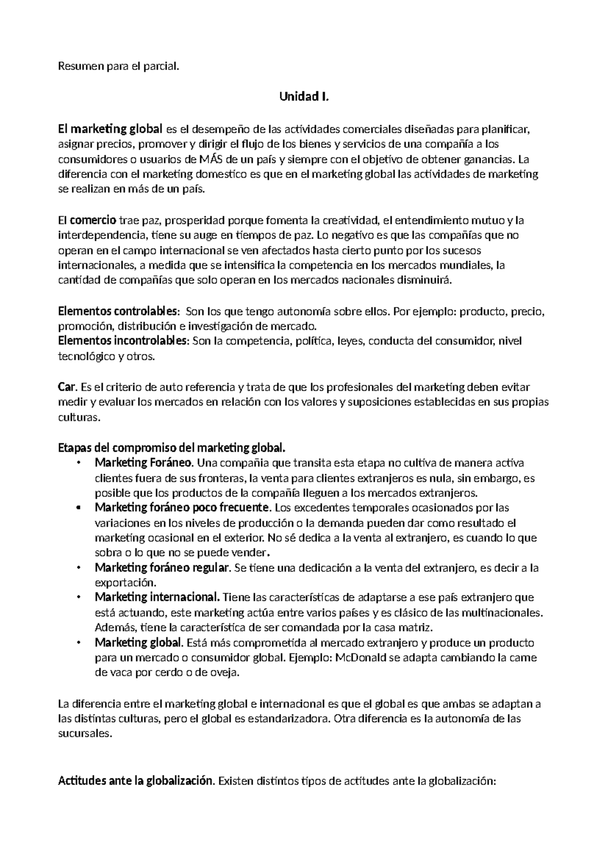 Resumen del Parcial de MKT - Unidad I: Marketing Global y Comercio ...