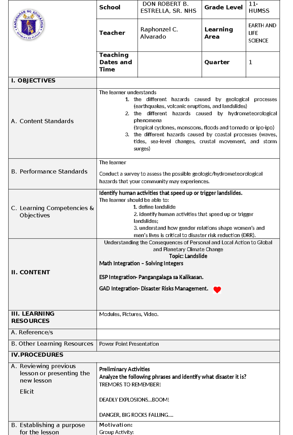 DLP COT GAD ELS - LESSON PLAN - School DON ROBERT B. ESTRELLA, SR. NHS ...