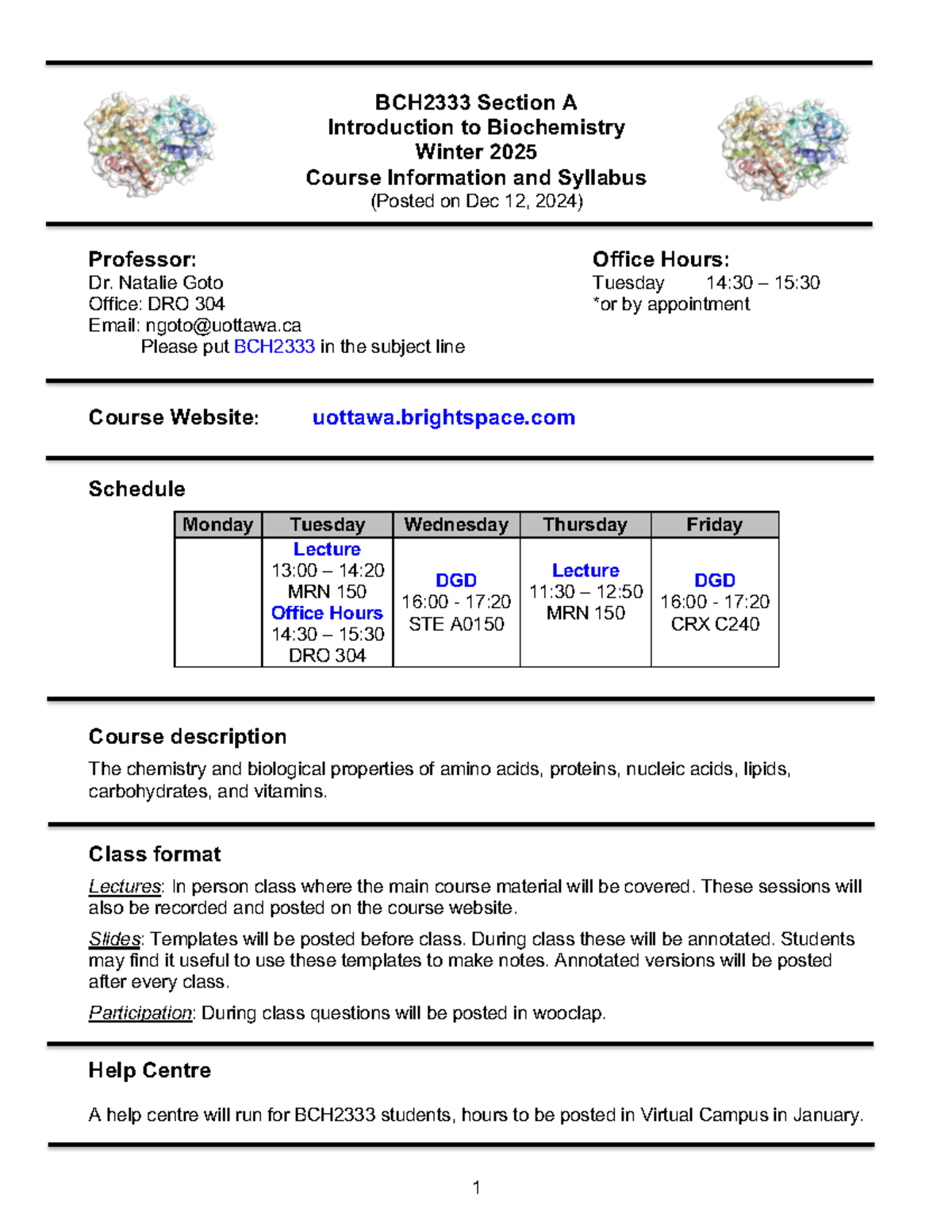 BCH2333 Syllabus for Introduction to Biochemistry - Winter 2025 - Studocu