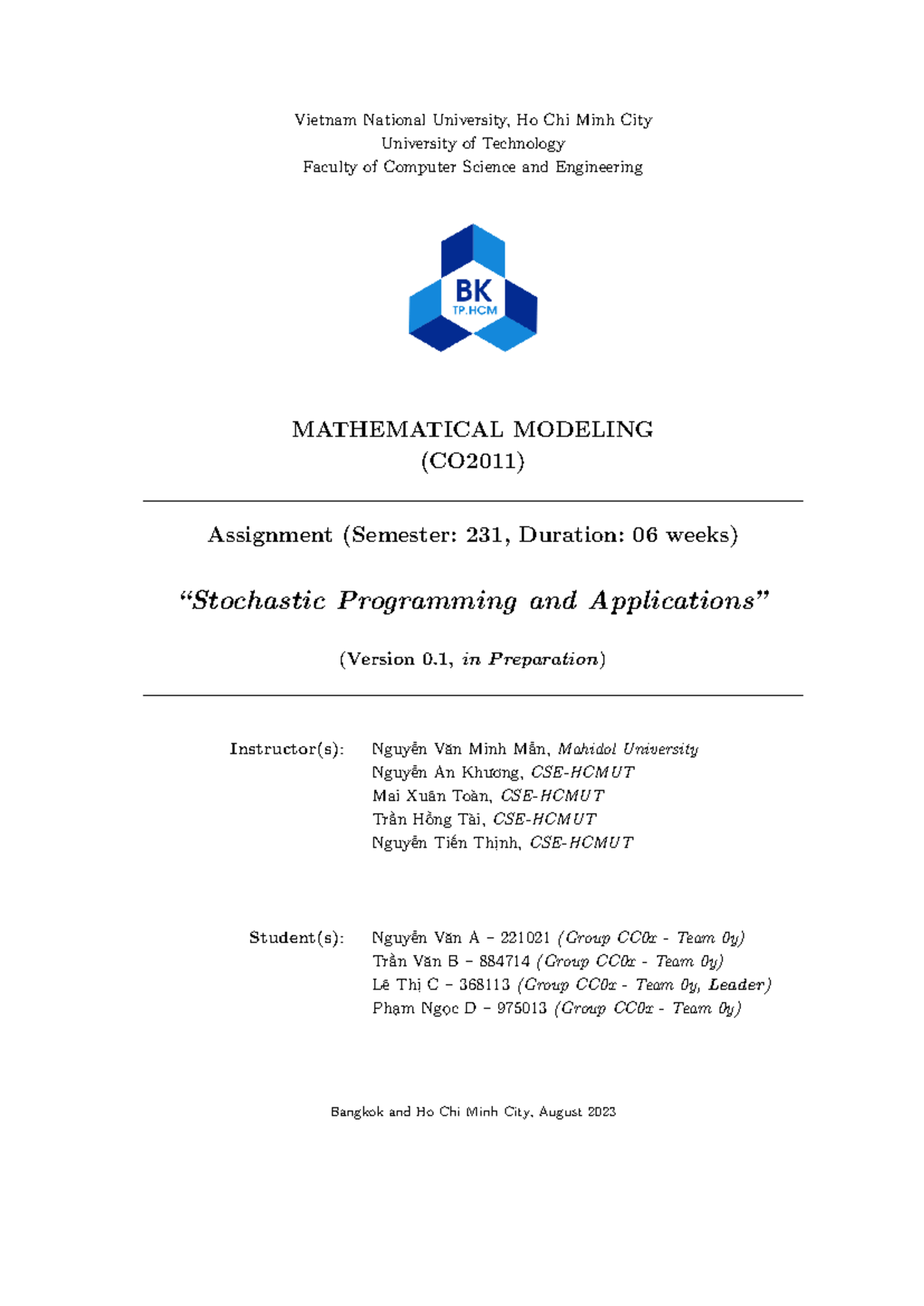 MM CO2011 SEM 231 Assignment: Stochastic Programming and Applications ...