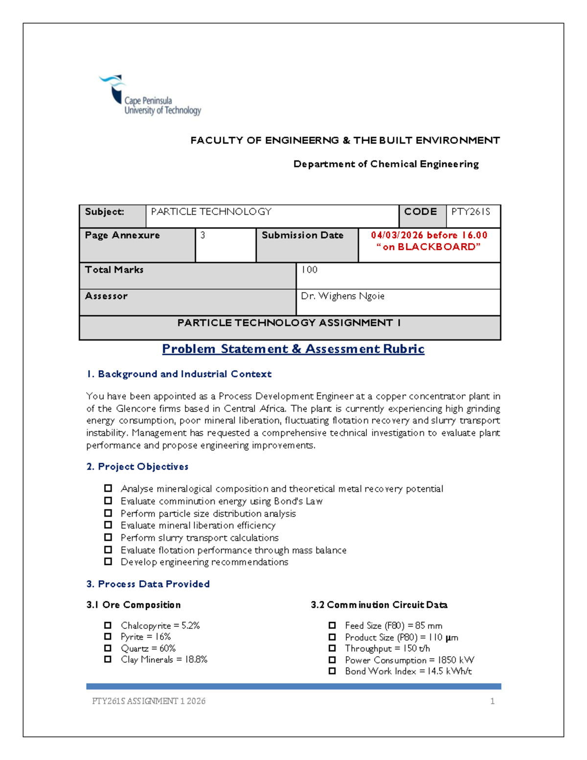 PTY261S Particle Technology Assignment 1: Technical Investigation and ...