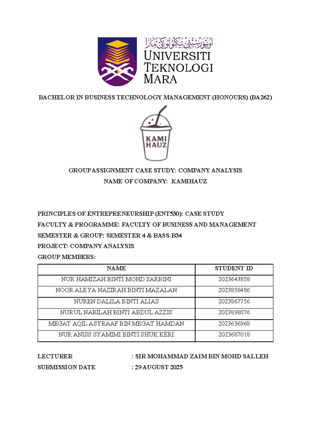 ENT530 (BA262) Group Assignment: Case Study on KamiHauz Coffee Business ...