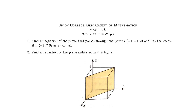 Math 115 Fall 2025 - HW 9: Equations of Planes & Intersections - Studocu