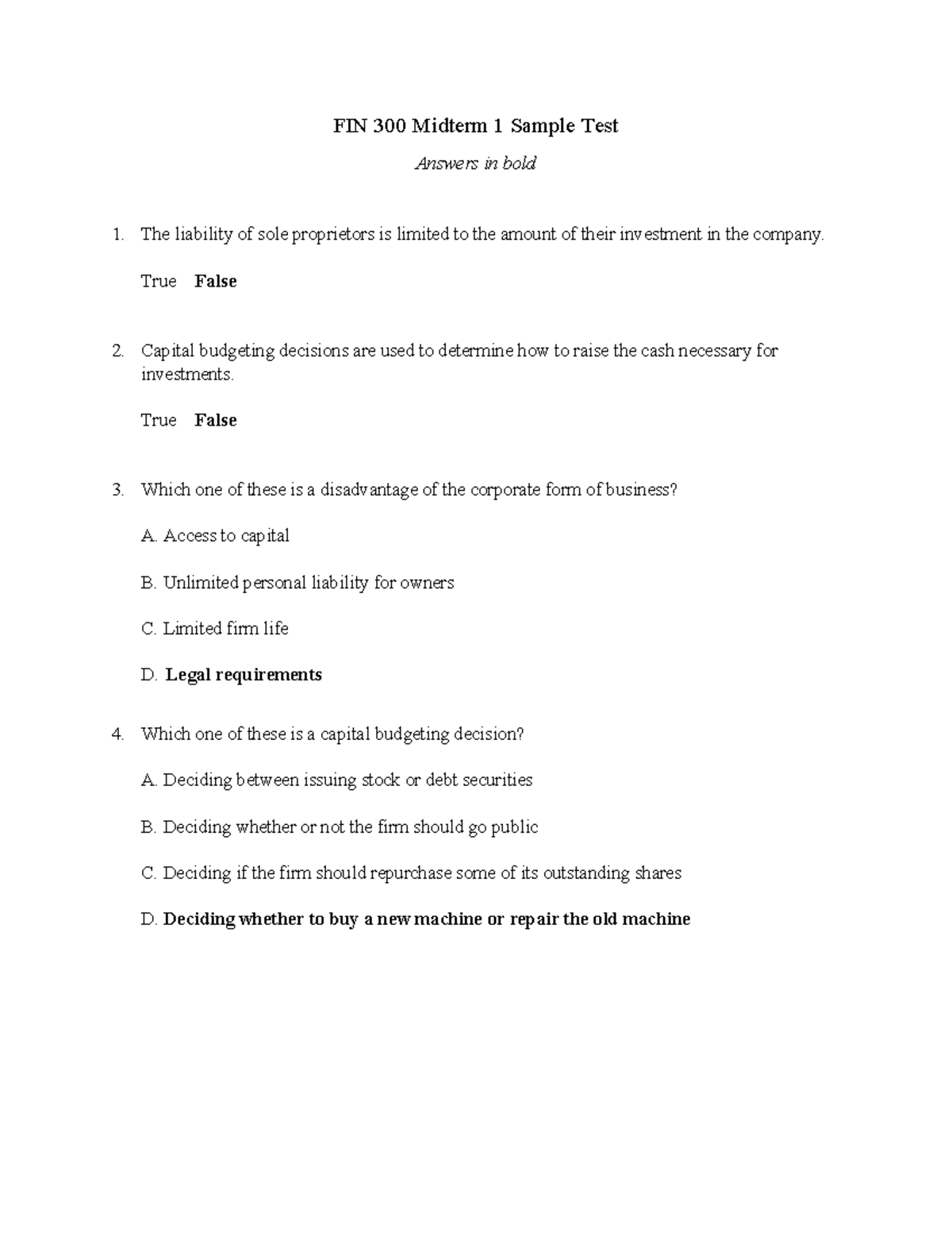 FIN 300 Midterm 1 Sample Test with Correct Answers Explained - Studocu