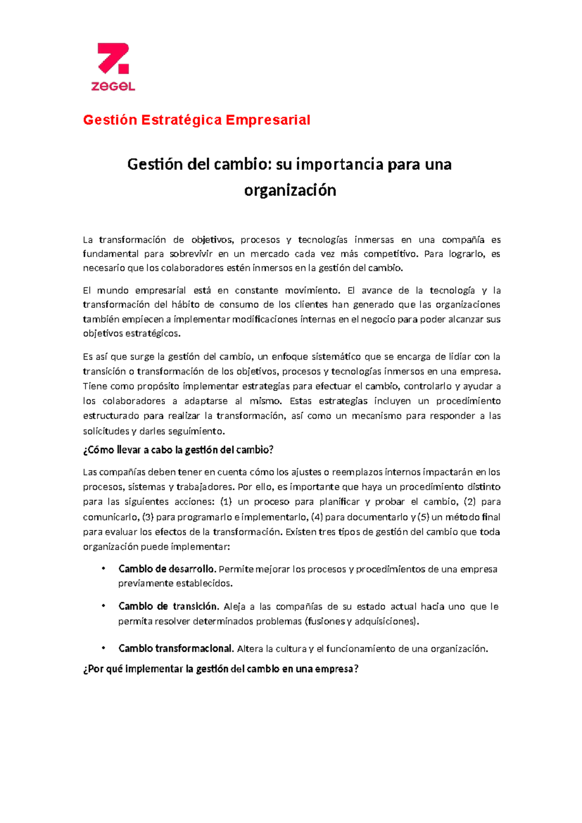 Gestión del Cambio en Empresas: Estrategias y Tipos Clave - Studocu