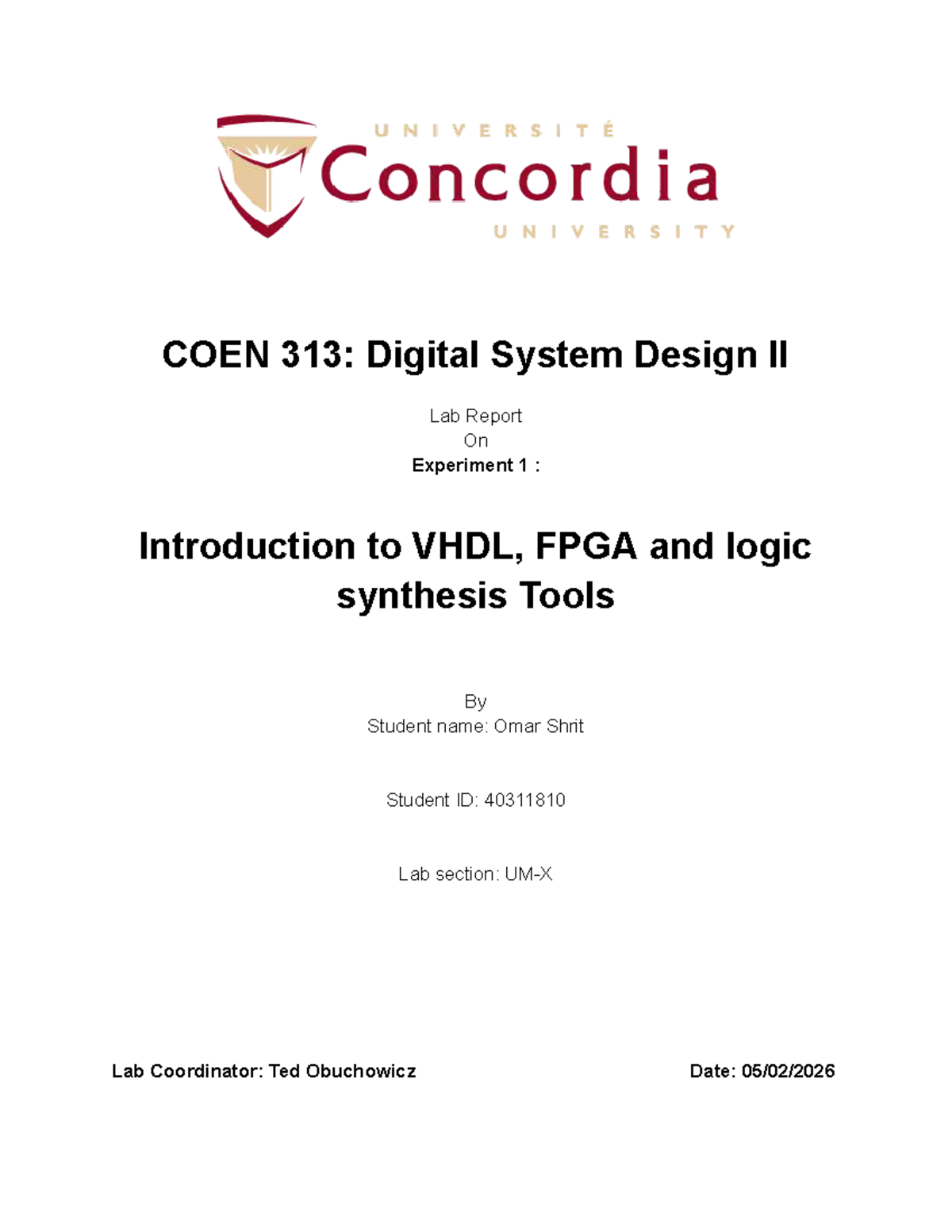 COEN 313: Lab Report 1 on VHDL, FPGA & Logic Synthesis Tools - Studocu
