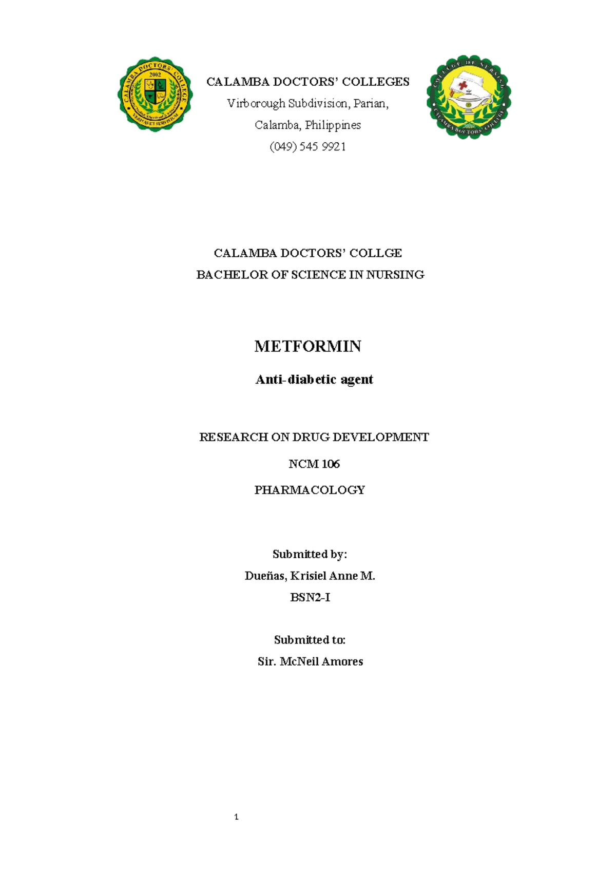 Metformin Drug Development and Pharmacology Research (NCM 106) - Studocu