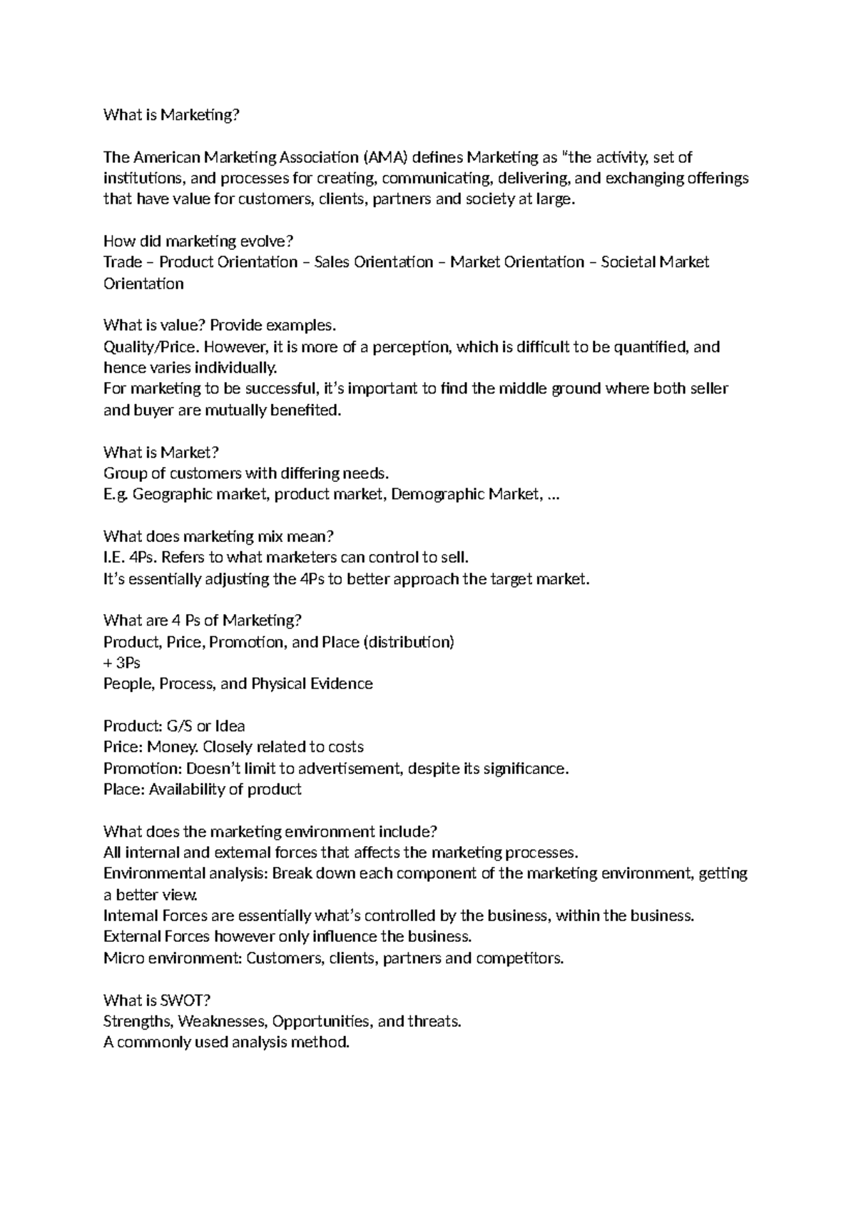 Marketing 1 - Week 1 Summary: Key Concepts and Evolution of Marketing ...