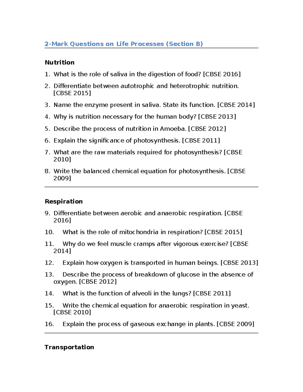 Life Processes in Nutrition, Respiration, Transportation & Excretion ...