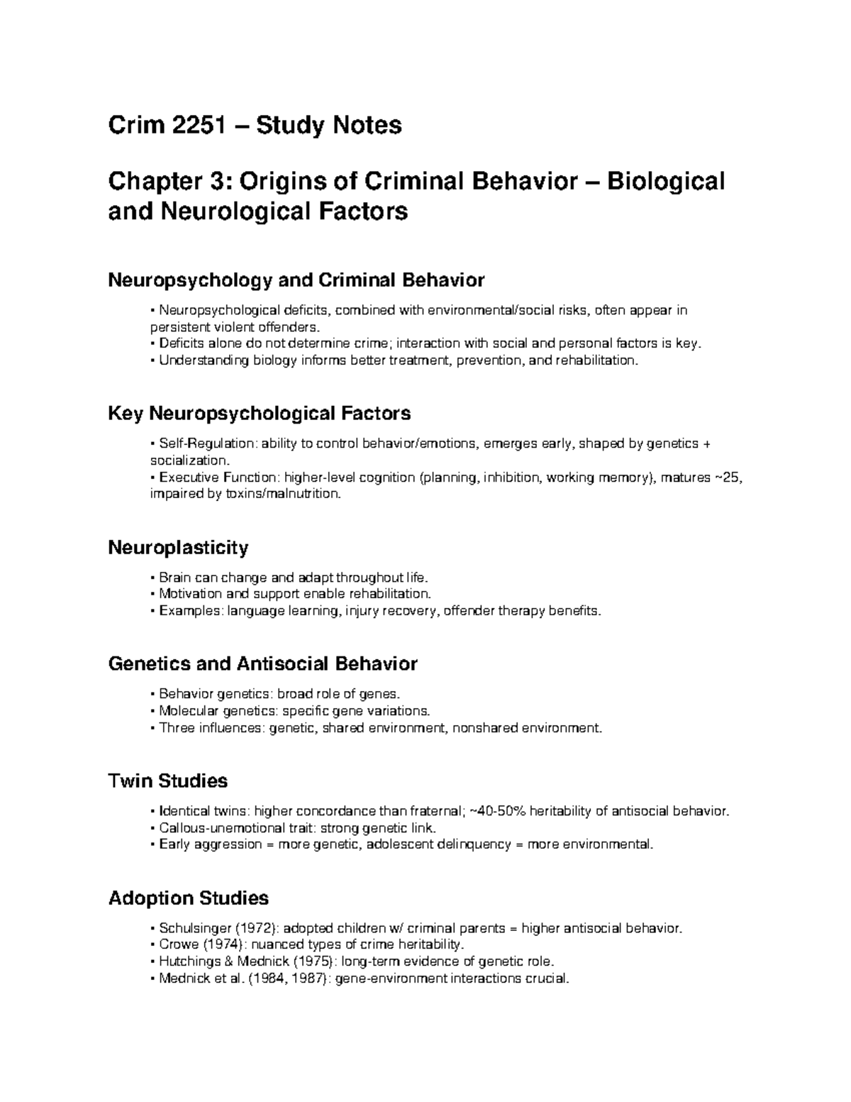 Crim 2251 – Study Notes: Chapters 3 & 4 on Origins of Criminal Behavior ...