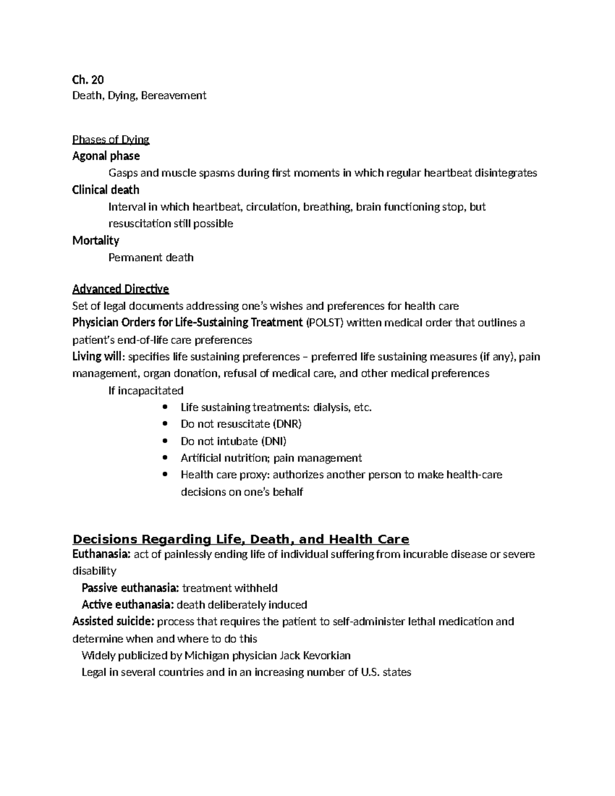 Ch. 20 Lecture Notes: Death, Dying, and Bereavement Phases - Studocu
