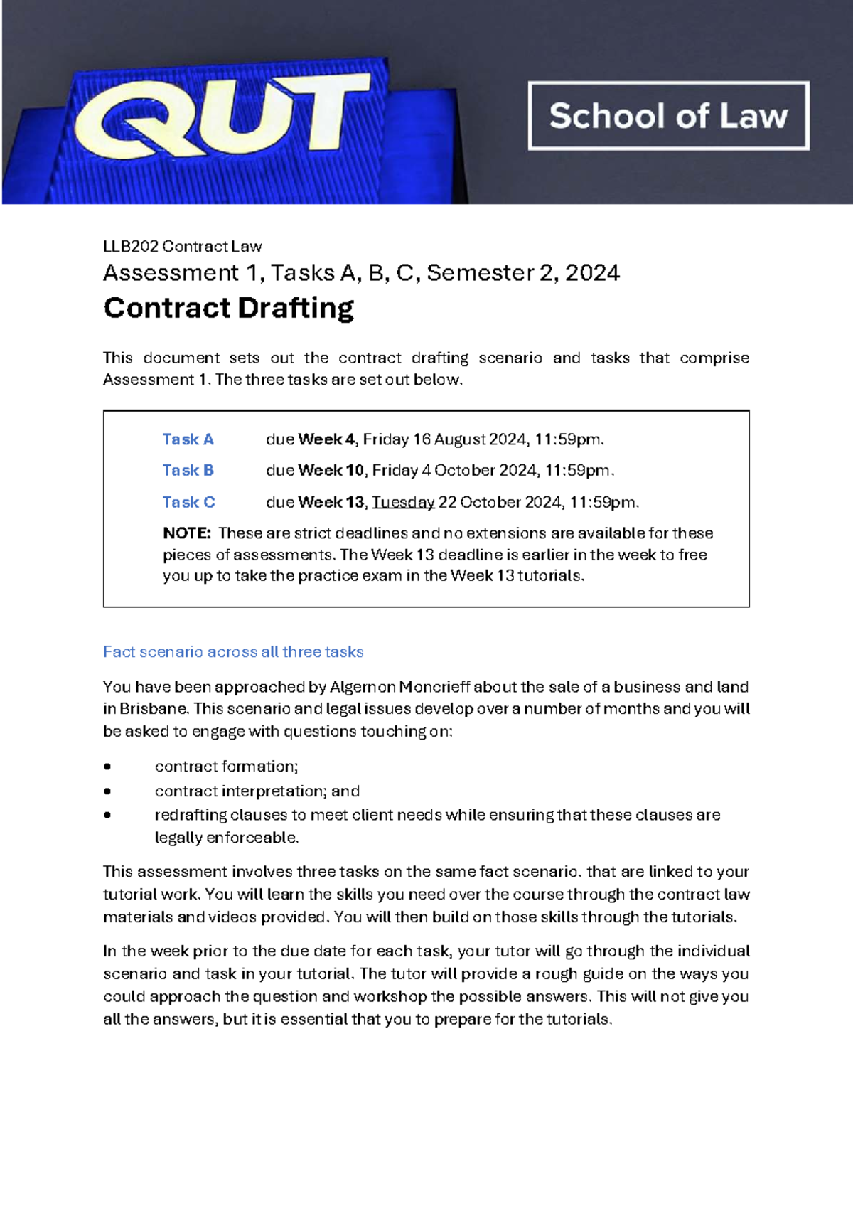 LLB202 Contract Law Assessment 1: Task A Drafting & Analysis S2 2024 ...