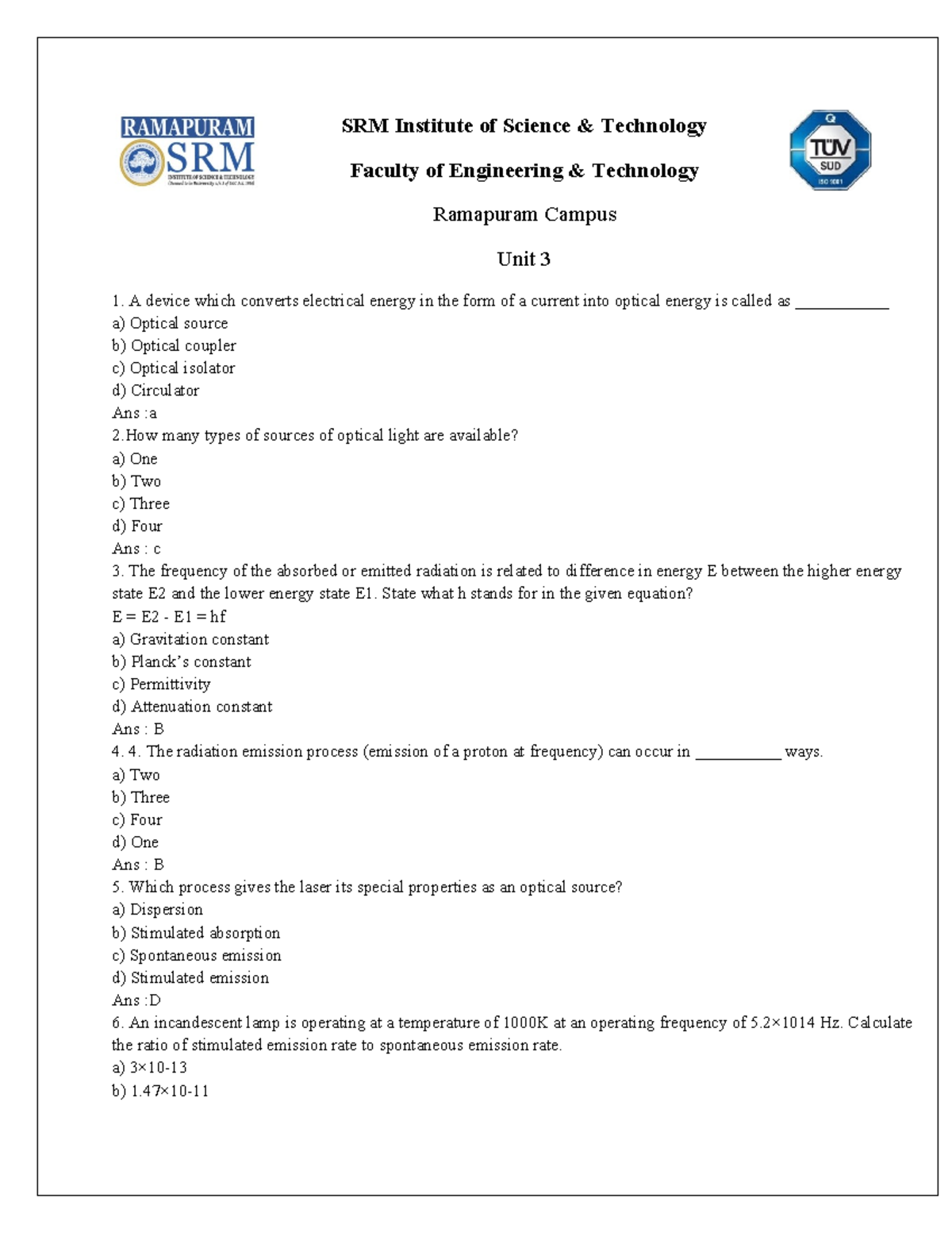 Fiber Optics and Optoelectronics Unit 3 Question Bank - Studocu