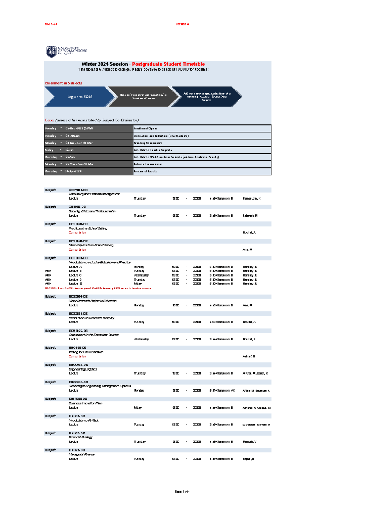 PG Timetable - Winter 2024 - Enrolment in Subjects Dates (unless ...