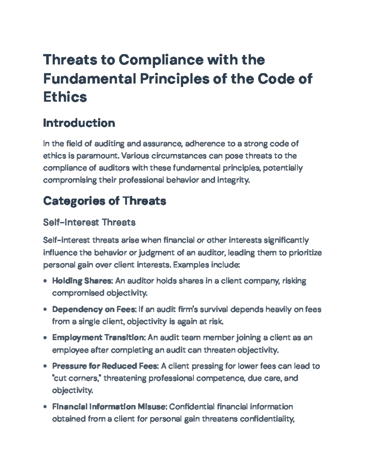 Threats to Compliance with the Code of Ethics in Auditing and Assurance ...