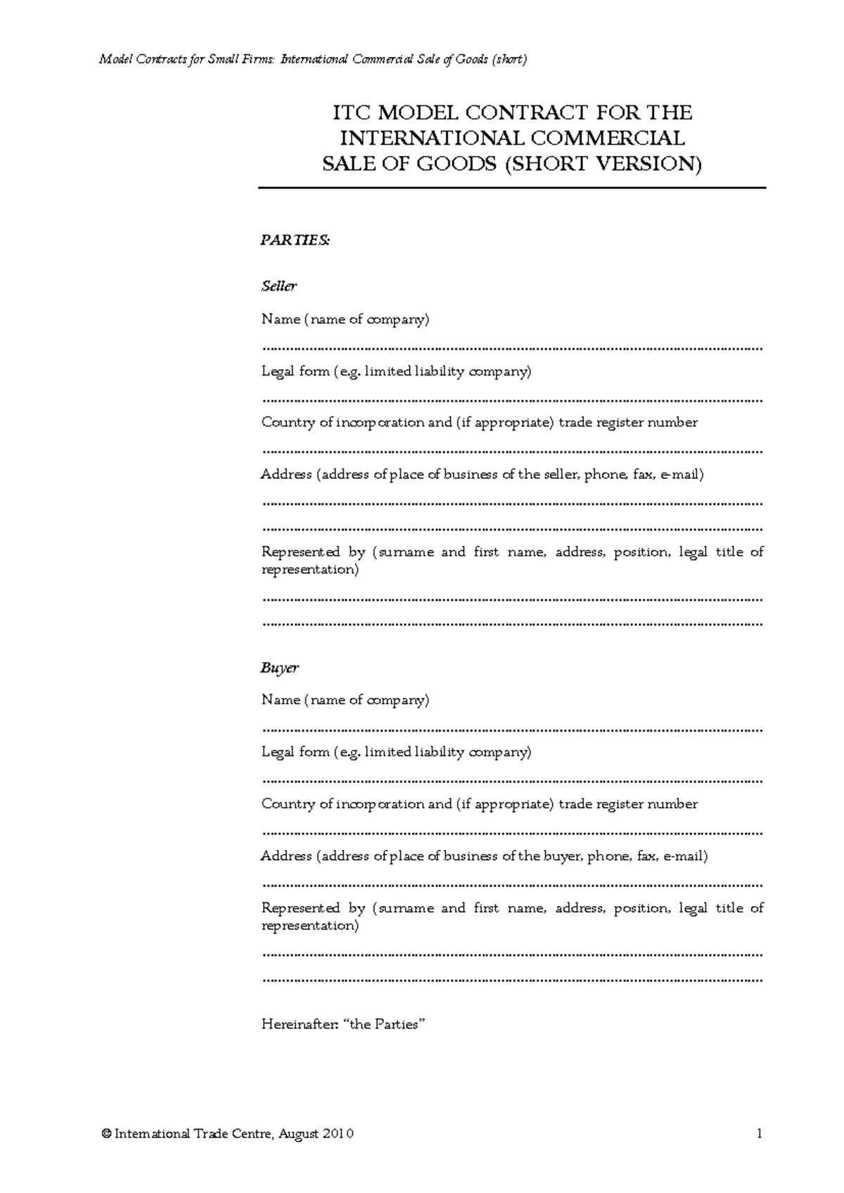 ITC Model Contract for International Commercial Sale of Goods (Short ...