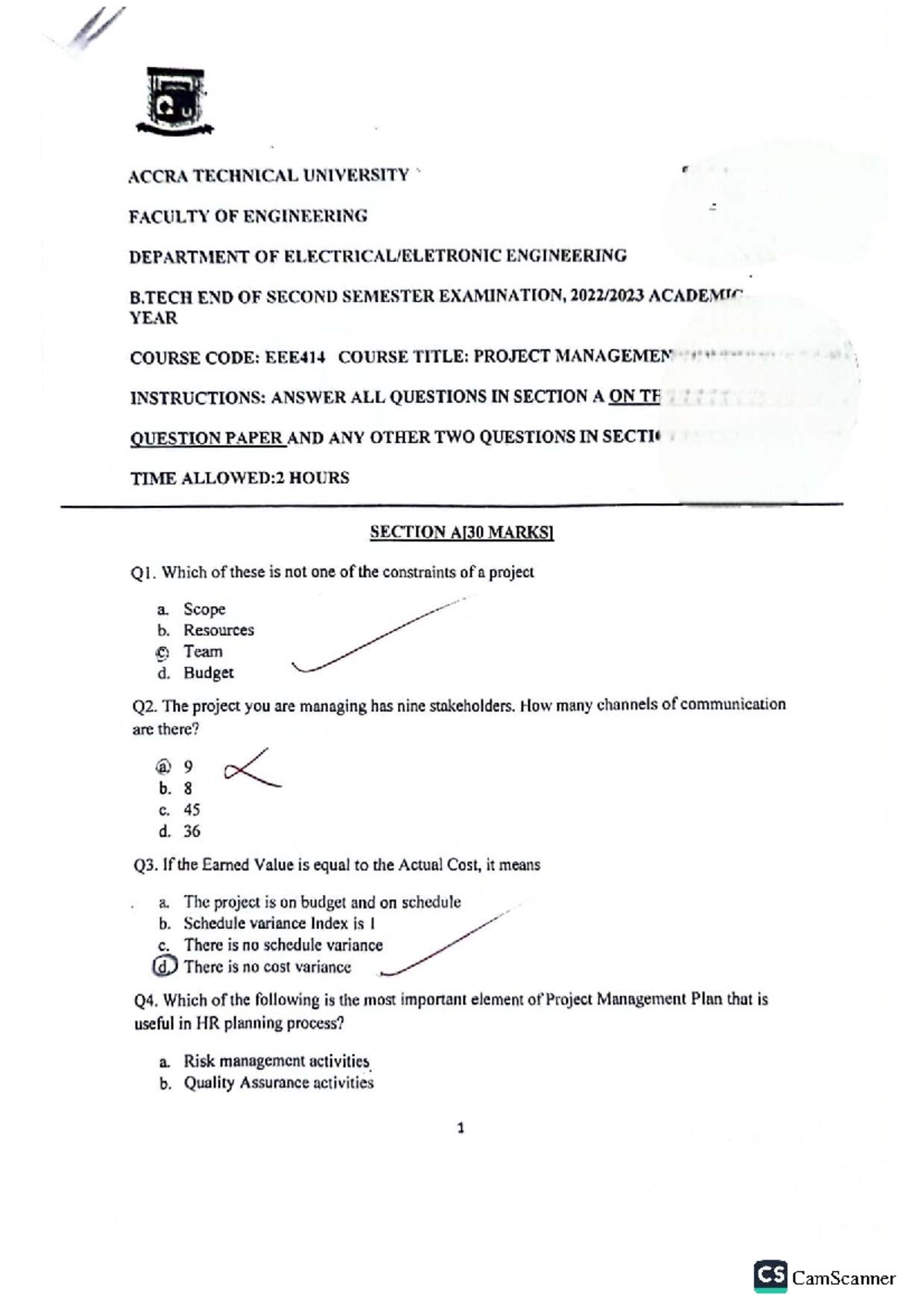 B.TECH Project Management End of Second Semester Exam - ACCRA TECH ...