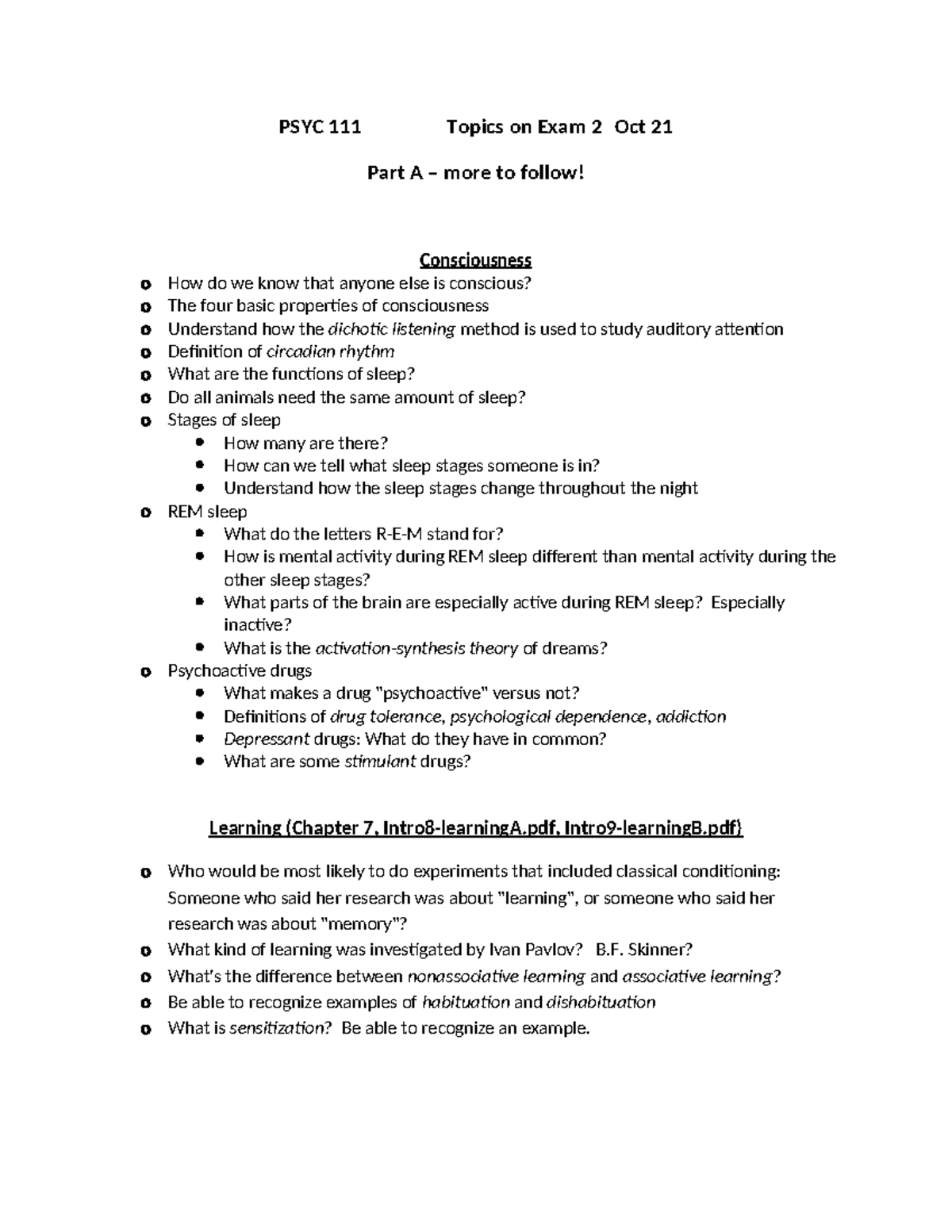 PSYC 2025 Exam 2 Study Guide: Consciousness & Learning Concepts - Studocu