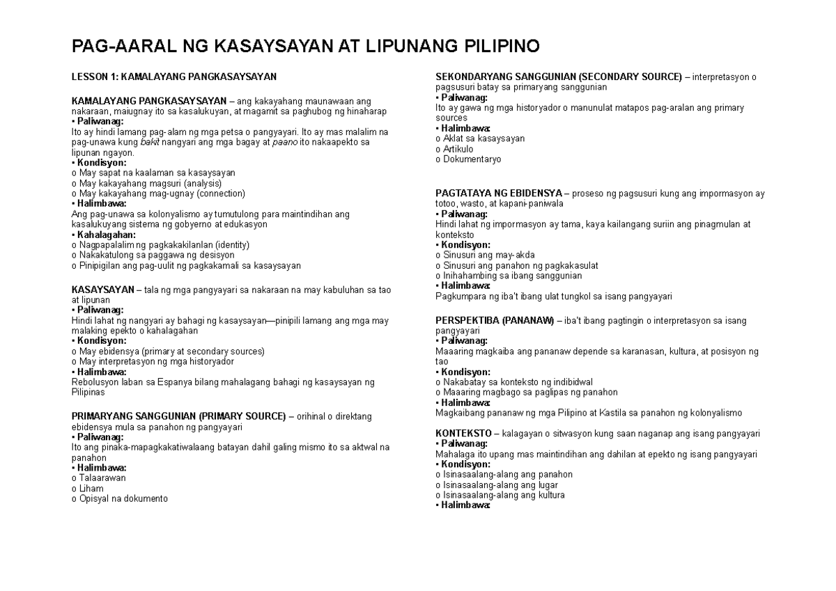 PAG-AARAL NG KASAYSAYAN AT KULTURANG PILIPINO TERM 1 NOTES - Document Preview