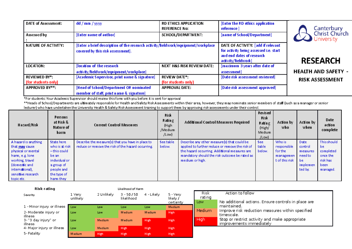 Research Health and Safety Risk Assessment Form Nov19 - DATE of ...
