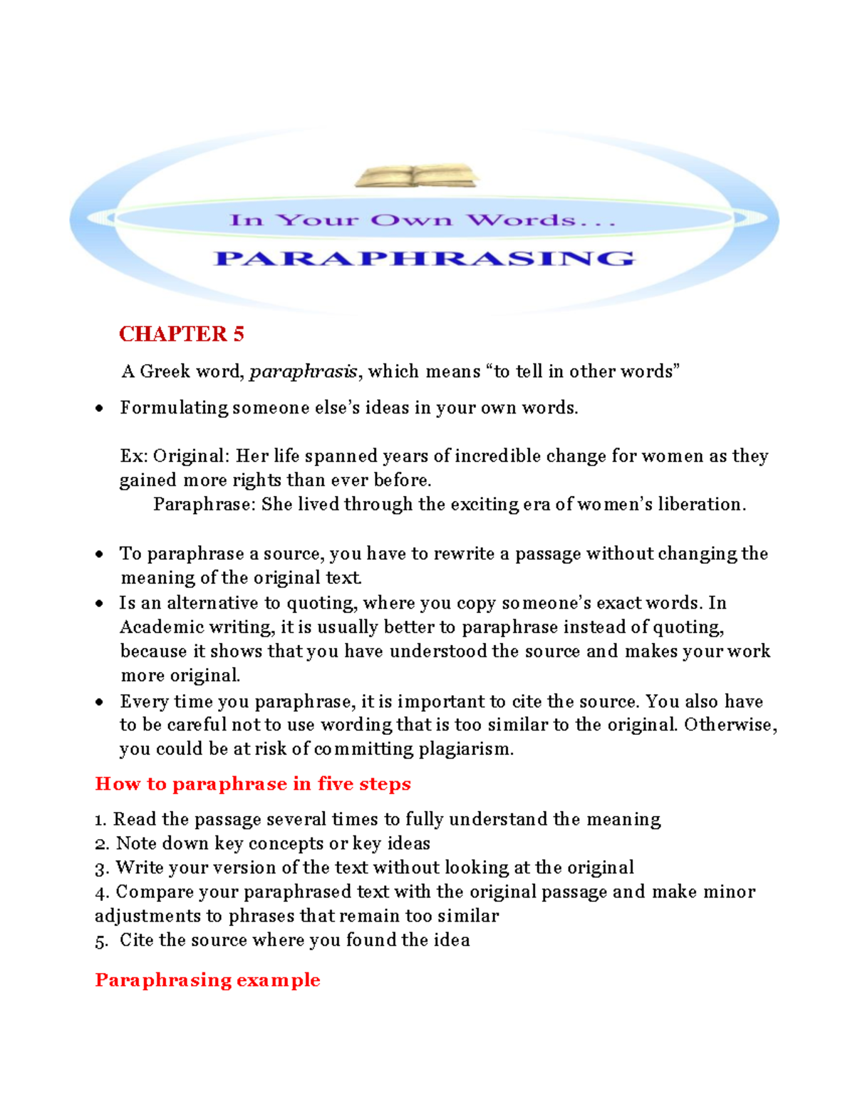 CHAPTER 5: Effective Paraphrasing Techniques in Academic Writing - Studocu