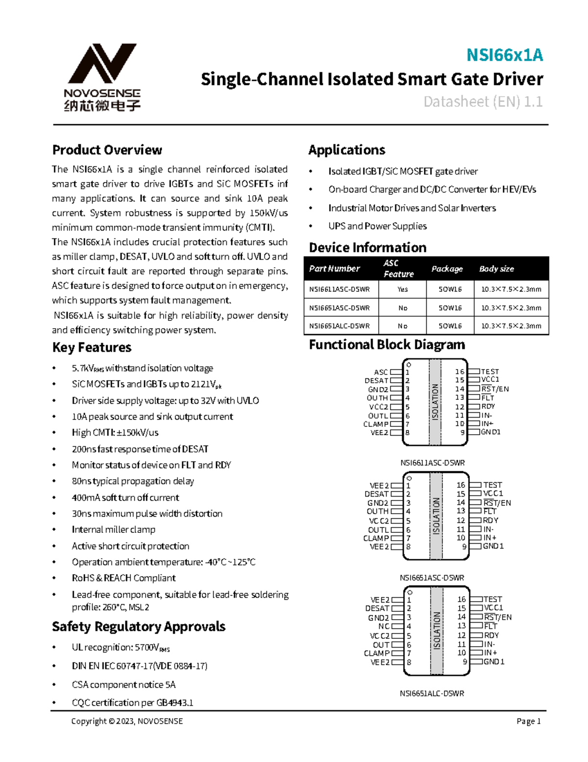 NSI66x1A Isolated Smart Gate Driver Datasheet Overview (Rev 1) - Studocu