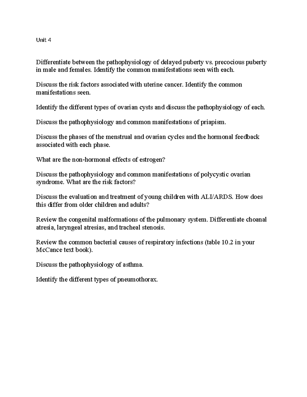 D115 Unit 4 - Pathophysiology of Puberties and Respiratory Conditions ...