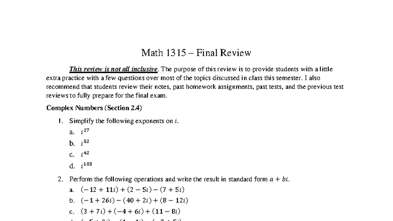 Math 1315 Final Exam Review - Spring 2025 - Studocu