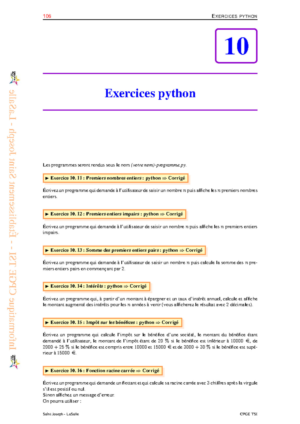 Exercices Python 10 - Corrigés et Algorithmes CPGE TSI - Studocu