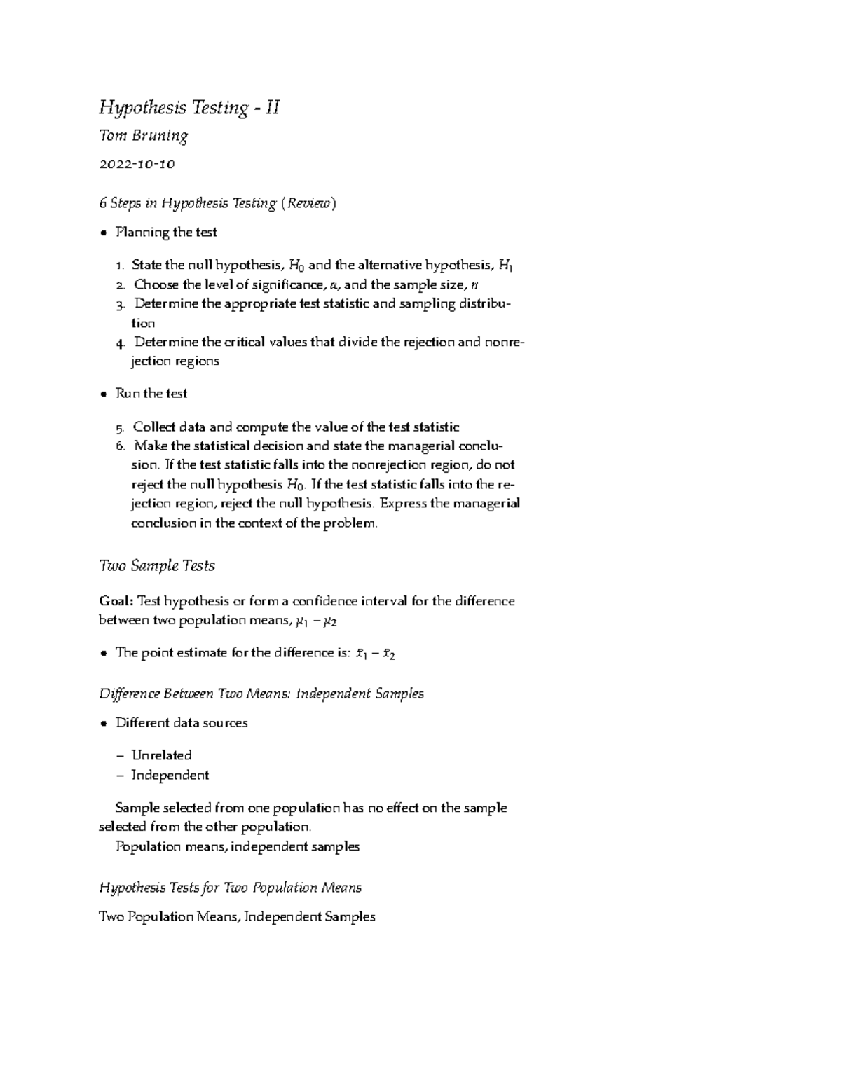 Hypothesis Testing II: Steps and Two Sample Tests Overview - Studocu