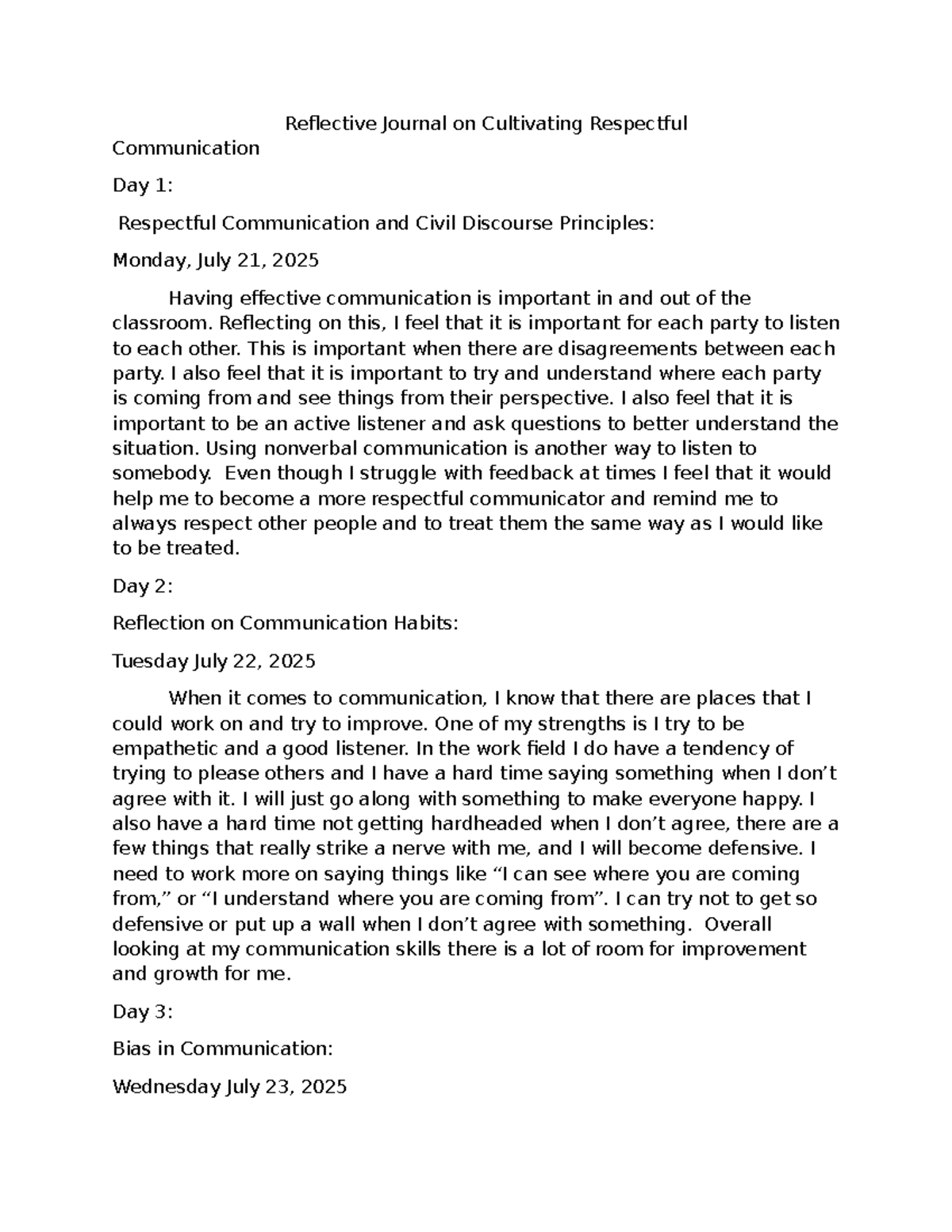 Reflective Journal on Respectful Communication: Days 1-5 Insights - Studocu