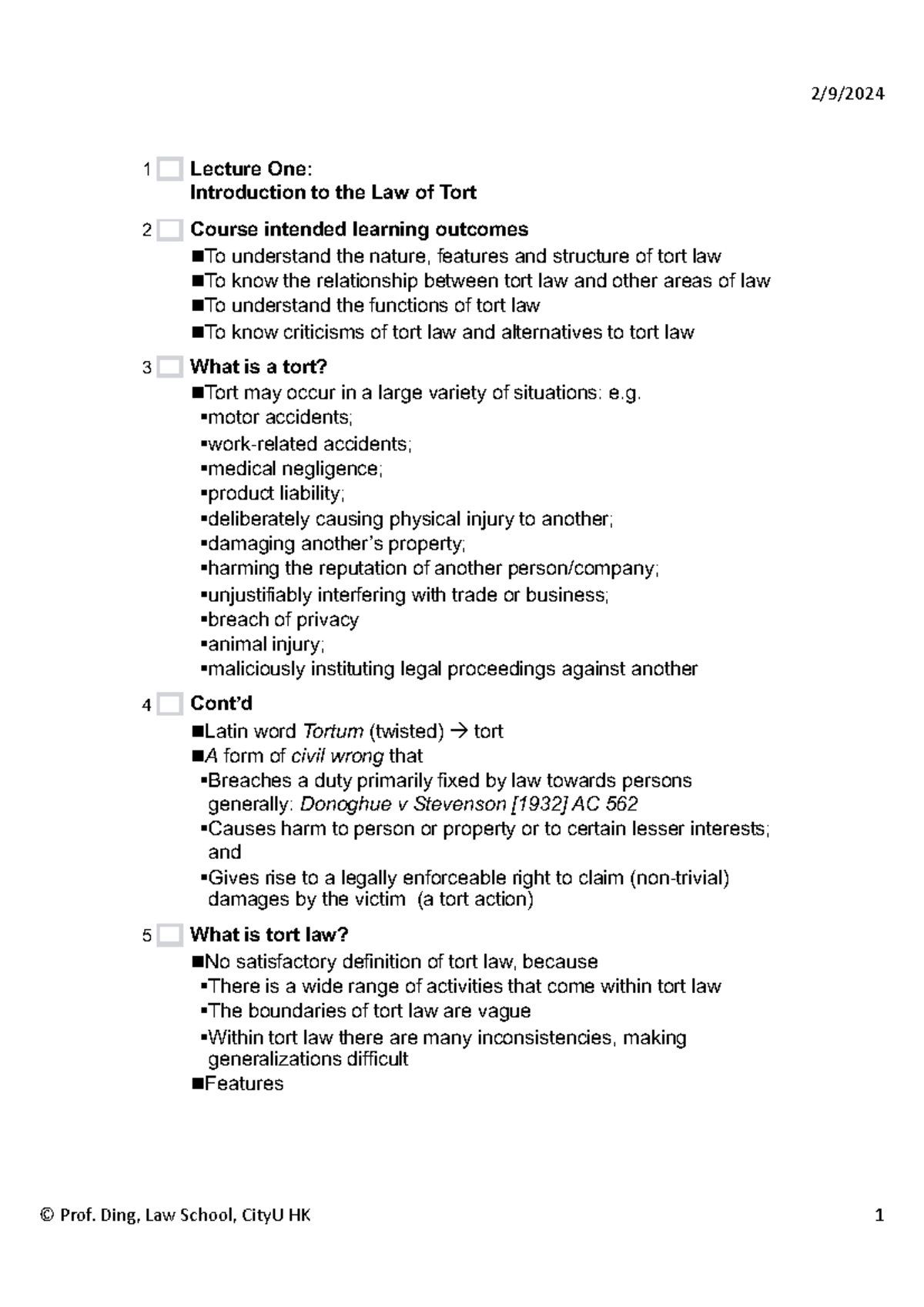 L1-4: Lecture Notes on Tort Law and Duty of Care Concepts - Studocu