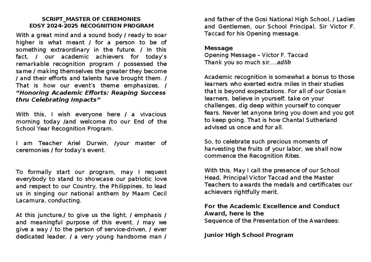 EOSY Recognition Program Script for Master of Ceremonies - Studocu