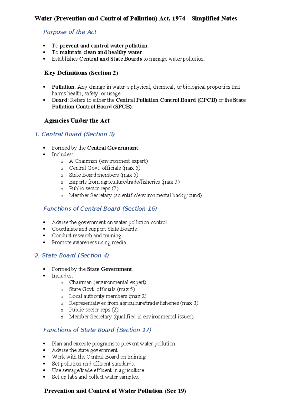 Water (Prevention and Control of Pollution) Act, 1974: Simplified Notes ...
