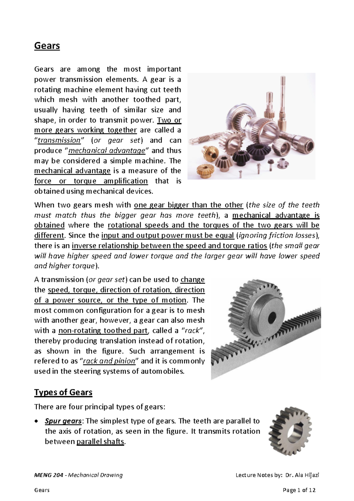 MENG 204 - Mechanical Drawing: Lecture Notes on Gears - Studocu