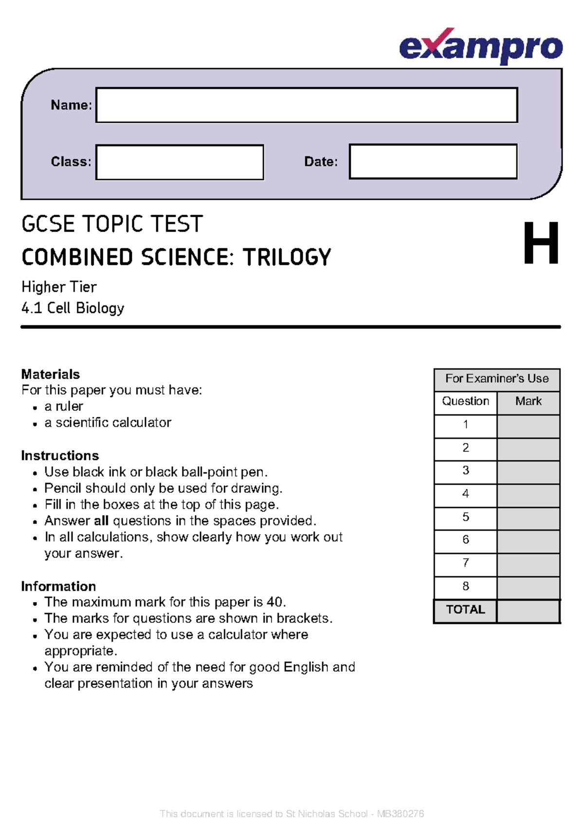 GCSE TOPIC TEST: COMBINED SCIENCE TRILOGY H - CELL BIOLOGY - Studocu