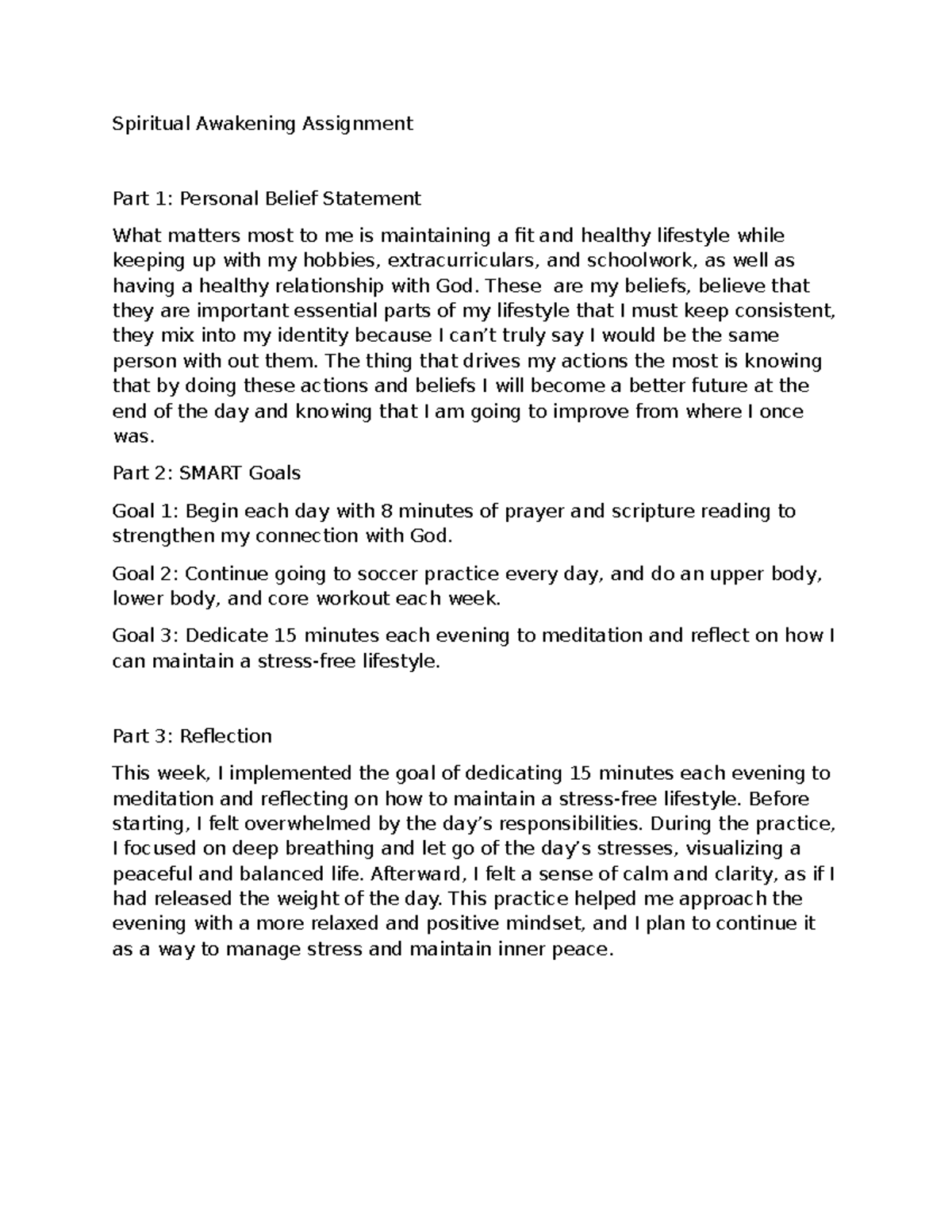 Spiritual Reflection Assignment: Personal Belief & Goals - Studocu