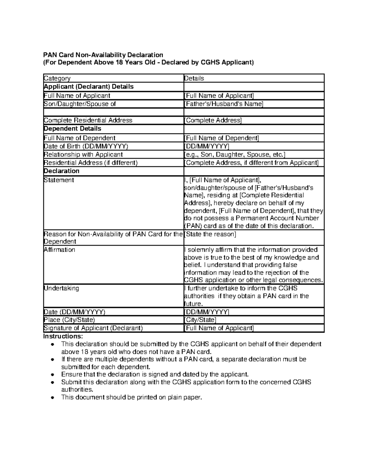 PAN Card Non-Availability Declaration for CGHS Applicants - Studocu
