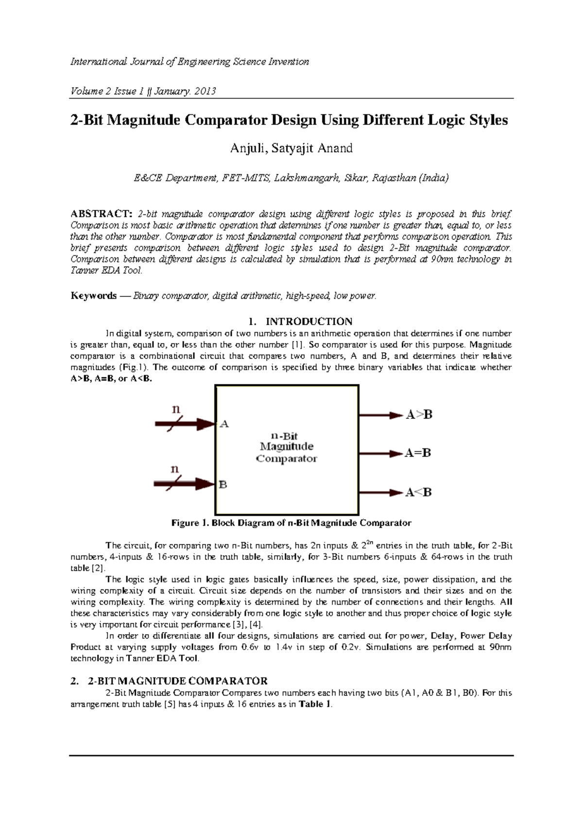 Magnitude Comparator Design Using Different Logic Styles - Lecture 1 ...