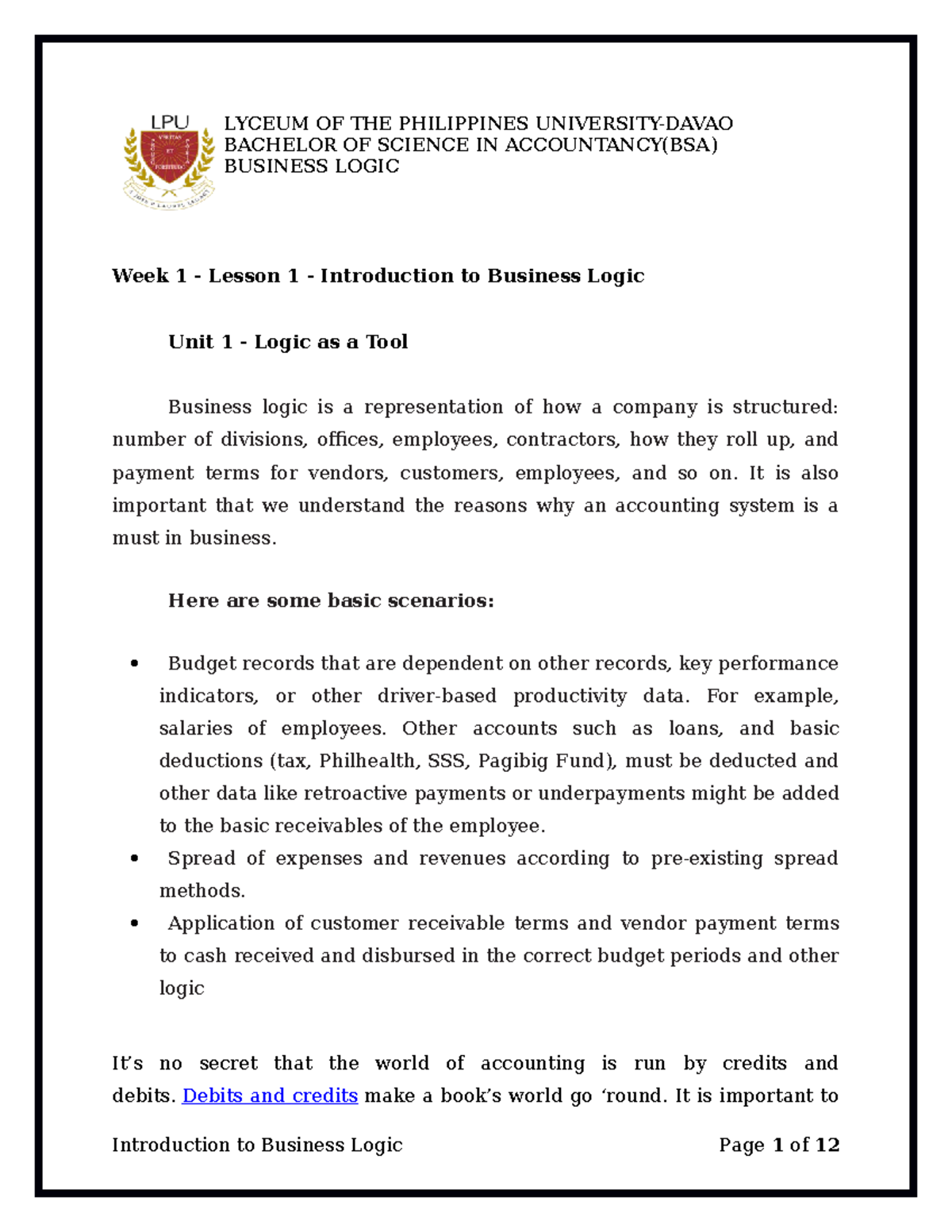 Lesson 1: Introduction to Business Logic in Accounting (BSA) - Document Preview