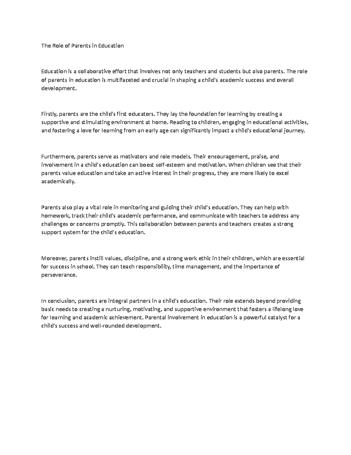 The Critical Role of Parents in Education: Insights and Impact - Studocu